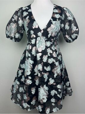 Jun & Ivy Metallic Floral Jacquard Puff Sleeve Mini Dress Black Blue M